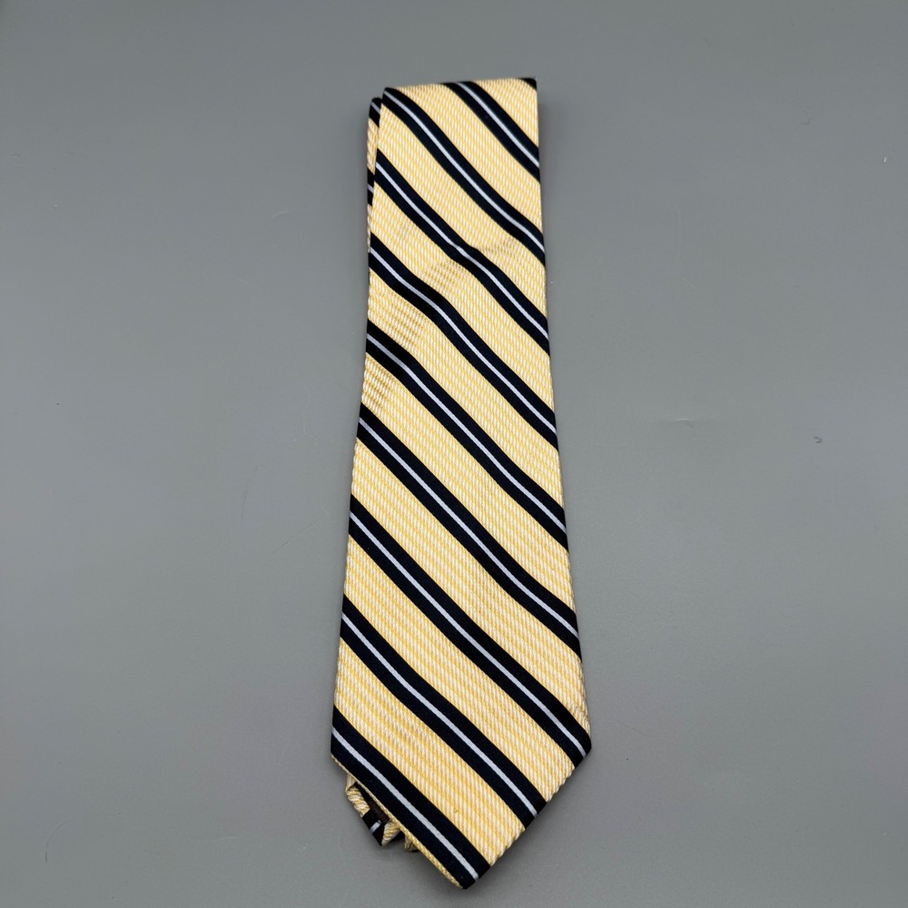 Studio Milan Mens Silk Tie Yellow Navy Blue White Striped Made in USA Classic